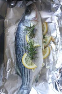 Baked whole striped bass in foil