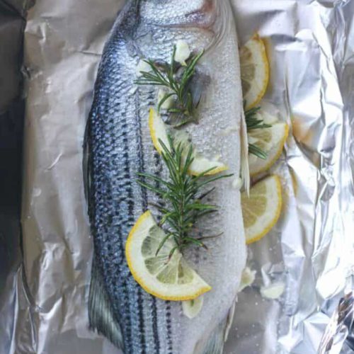 Baked whole striped bass in foil