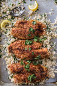 Creole Blackened Fish with Herbed Rice and Peas