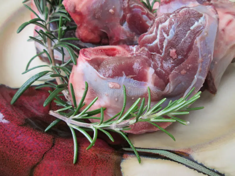 springbok venison cuts pieces antelope meat sprigs rosemary decoration flavour 105005506