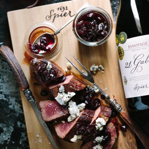 Ostrich steak with cranberry compote and blue cheese